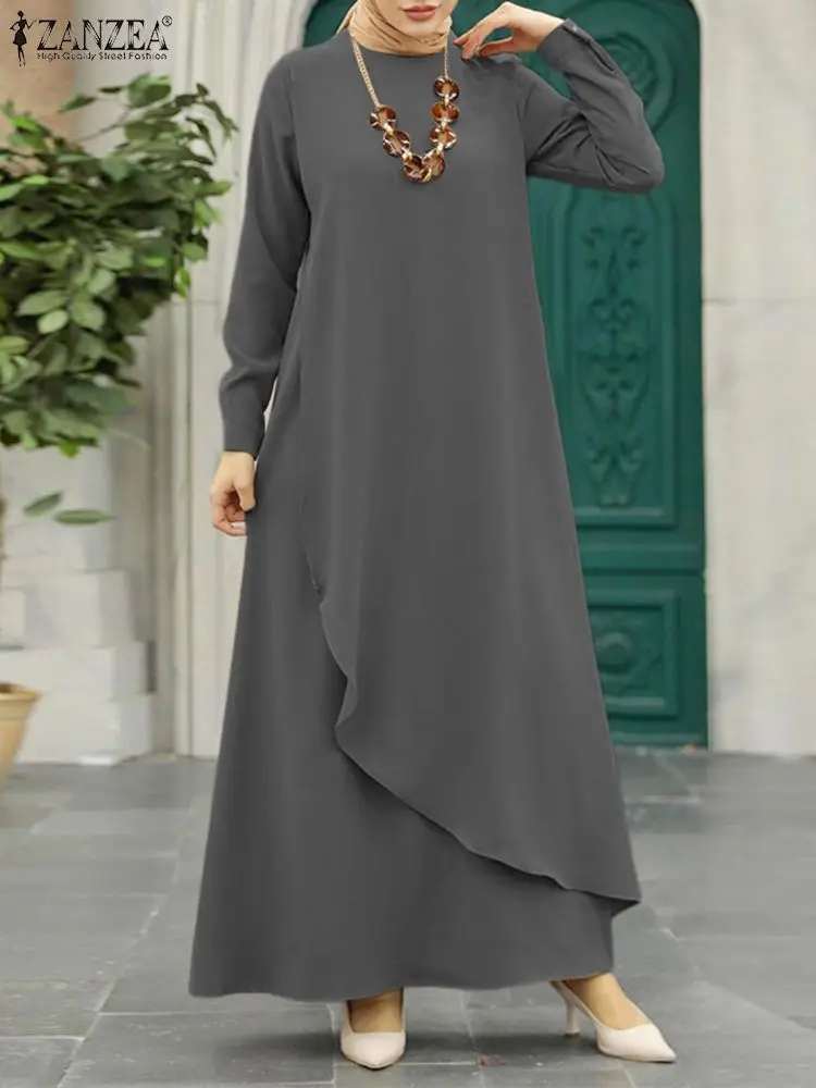 Stylish Women Long Sleeve Solid Asymmetrical Hem Dress ZANZEA Eid Mubarek Ramadan Maxi Sundress Casual Loose Muslim Vestidos