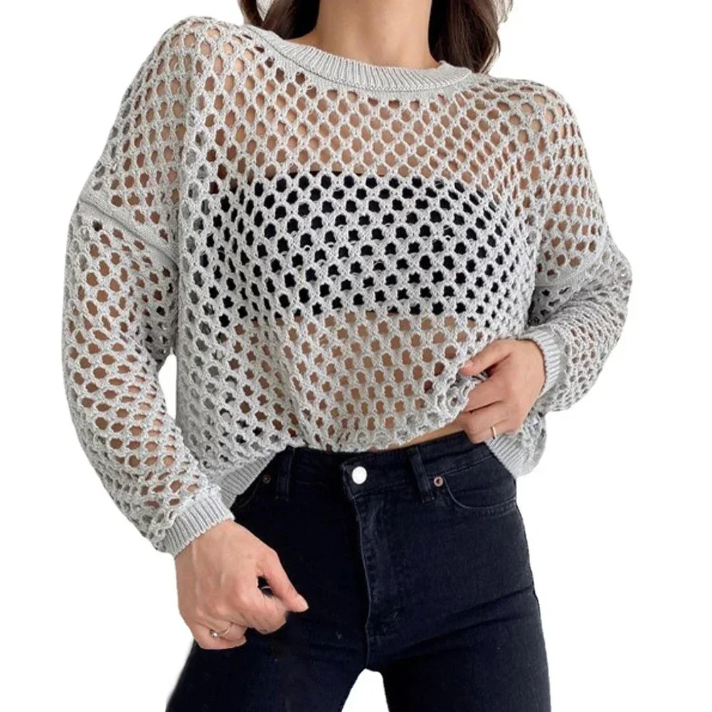 Women Mesh Fishnet Crop Tops Long Sleeve Crew Neck Sexy Hollow Out Loose Shirts Short Knit Flared Sleeve Casual Y2k Pullover