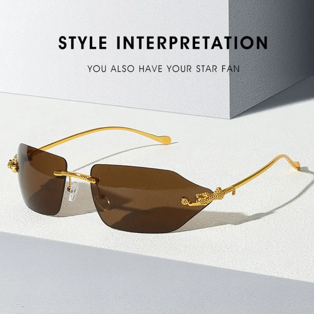 투명 무테 사각 선글라스 치타 장식 UV400 야외 선글라스 쉐이드 아이웨어 파티 선글라스