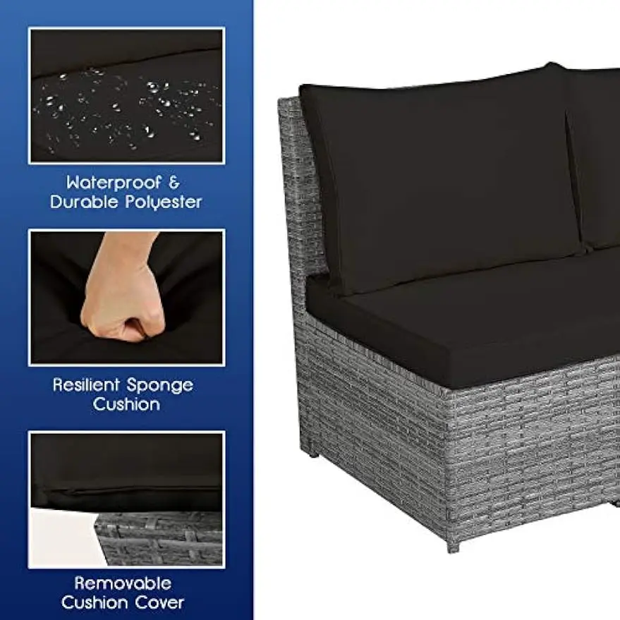 Set furnitur teras anyam, 7 PCS Sofa rotan luar ruangan, Set semua cuaca dengan meja makan & bangku, bantal lembut (hitam)