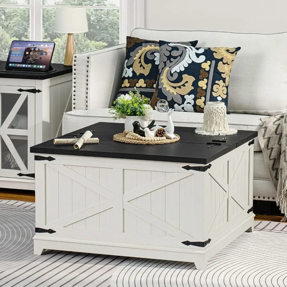 

Farmhouse Coffee Table with Hidden Storage Compartment, Antique Black & White Square Large Center Table for Living Room