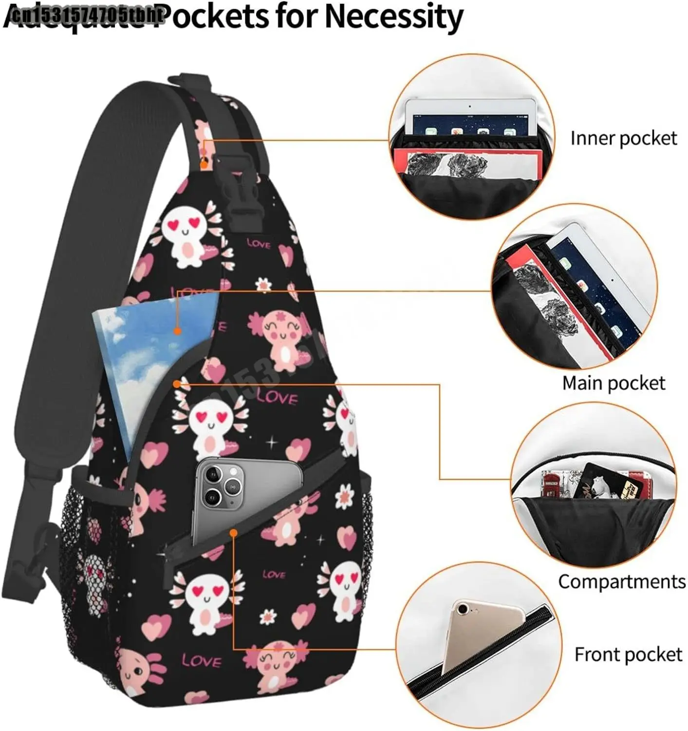 Axolotl Sling Bag Crossbody Chest Backpack Shoulder Daypack for Women Men Gym Travel