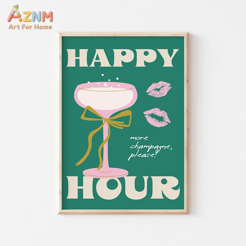 AZNM Colorful Retro Cocktail Wine Canvas Wall Art Fun Party Positive Text Disco Drink Print Unframed Canvas Painting For Bar Bed