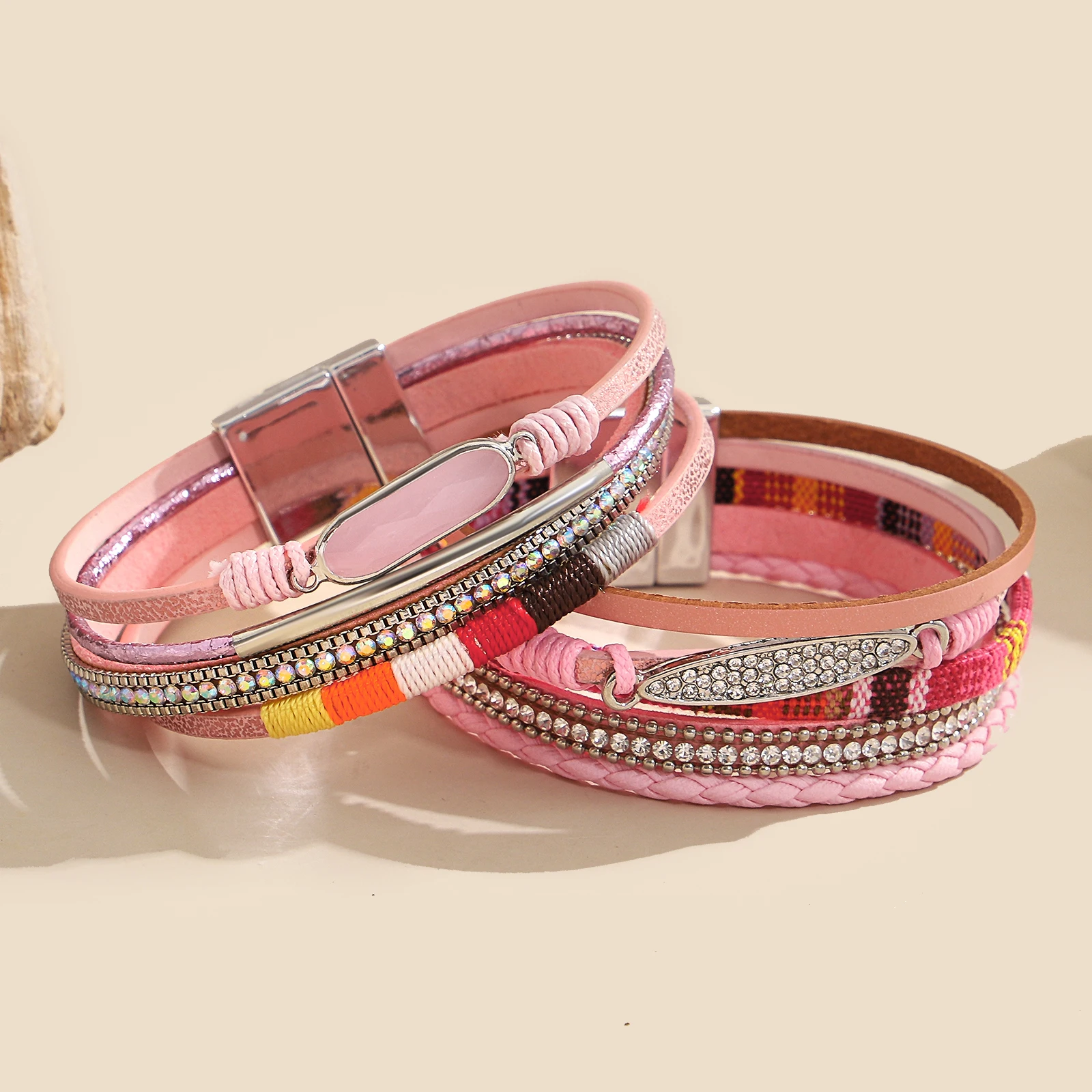 ANESOA Fabric Leather Alloy Rhinestone Design PU Bangle For Women Pink Series Hand-woven Multilayer Magnet Buckle Bracelet New