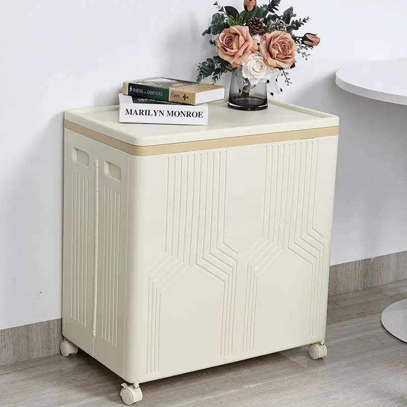 Foldable Storage Box With Wheels, Beige Plastic Stackable Storage Bin With Lid, Portable Waterproof Storage Container For