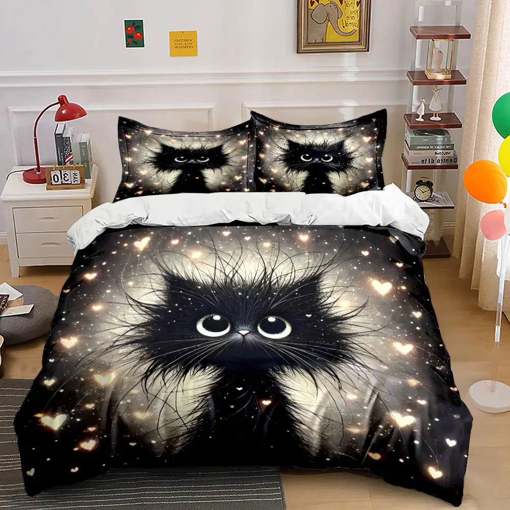 

Black Cat Under Dreamy Starlight Print Bedding Set 1 Duvet Cover 2 Pillowcases for Adult and Children Luxury Gift Full Size