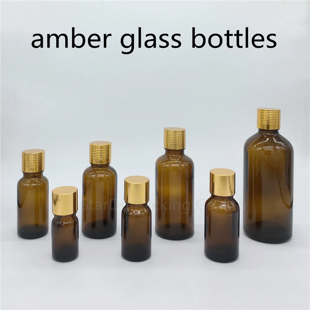 

5ml 10ml 15ml 20ml 30ML 50ml 100ml Amber Glass Bottle Vials Essential Oil Bottle With Gold Screw Cap Perfume Bottles 200pcs