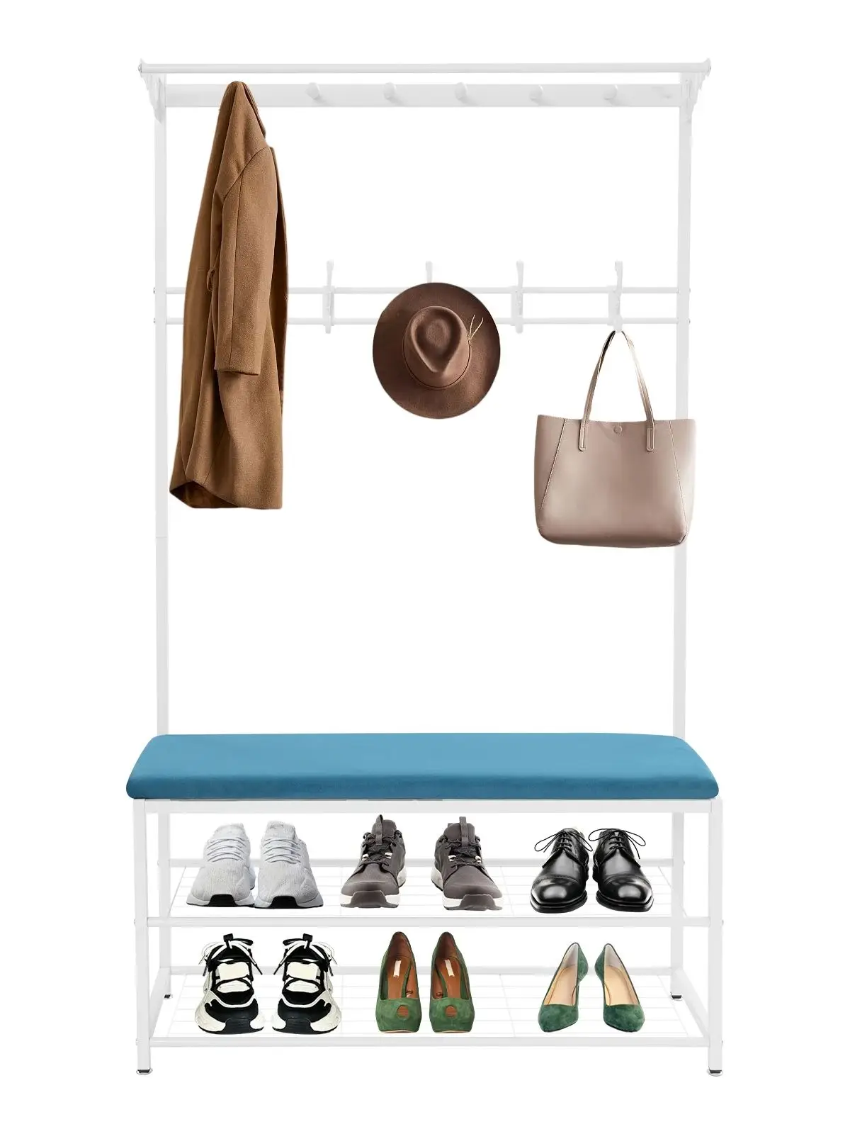 Vrijstaande kapstokstandaard en schoenenrek met bank van 100 cm |   Opbergbank voor schoenen met 2 planken |   Zwart/Blauw/Grijs/Roze - afbeelding 2