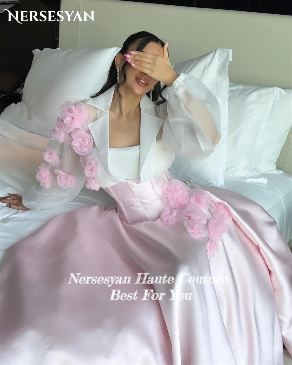 Nersesyan Blush Pink Elegant Formal Evening Dresses A-Line 3D Flowers Strapless Prom Dress Saudi Arabia Pageant Party Gowns 2024