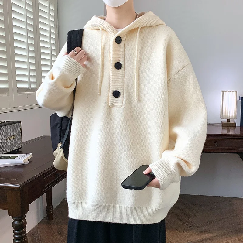 

Мужской вязаный свитер свободного кроя с капюшоном, осенне-зимний, повседневный, из полиэфирного волокна, с длинными рукавами, утепленный, с капюшоном