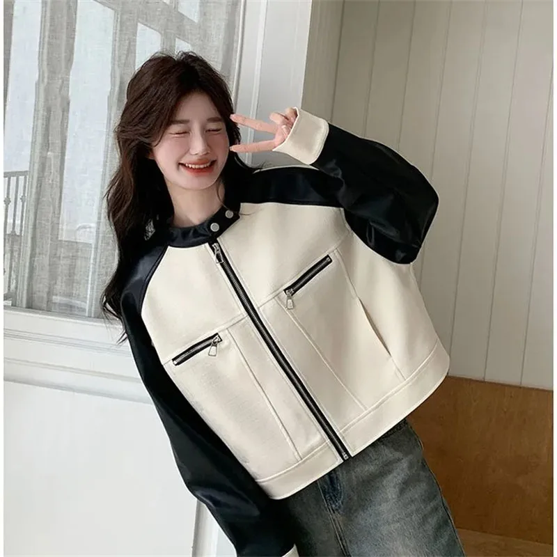 Autumn Ladies Contrast Color Jacket Retro Women Long Sleeves Pu Leather Outwear 2025 Femme Patchwork Short Faux Leather Coat