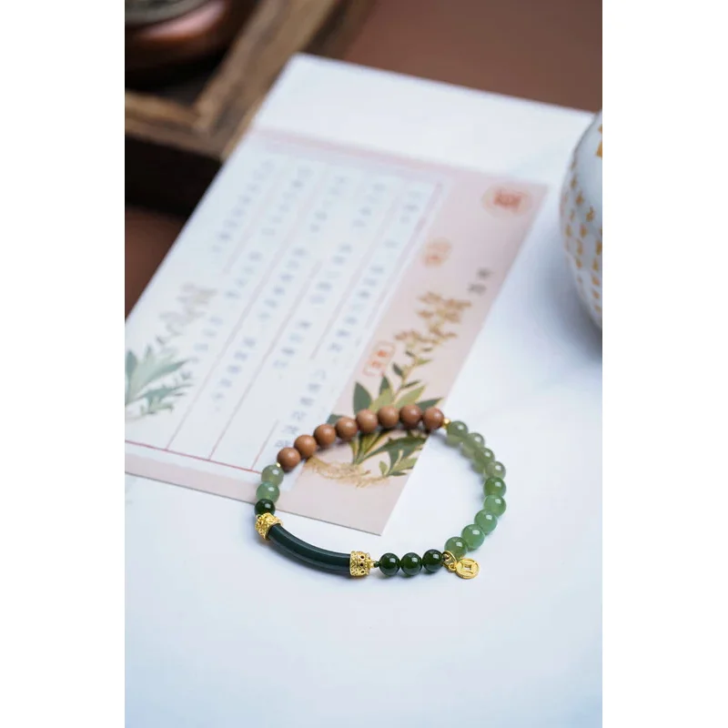 

Natural 6mm old sandalwood with Hetian jade semi-green bracelet,women's Gift