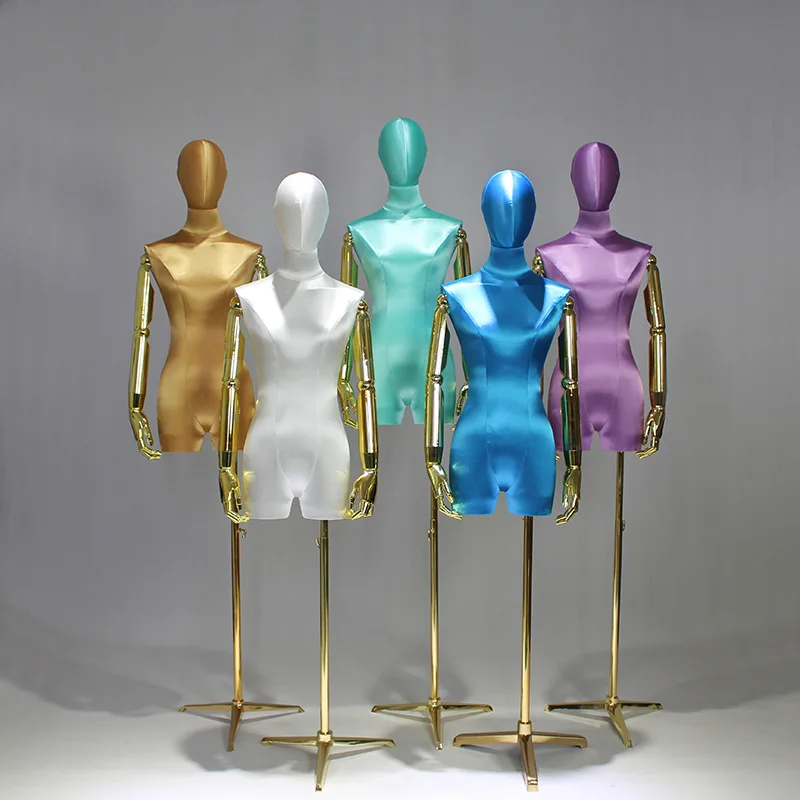 Stof Cover Vrouwelijke Helft Lichaam Mannequin Torso Metalen Basis Met Plated Arm Voor Kleding Display Verstelbare Rack