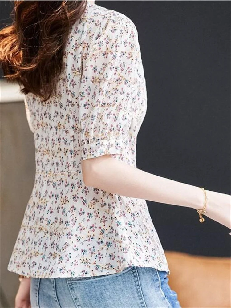 Short Sleeved Shirt For Women Blouses Flowers Women's Shirt Summer V-neck Cardigan Blous Casual Printed Top Grace Chiffon Shirt