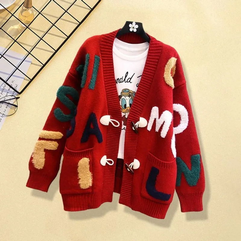 

Women Sweater Cardigan Casual V-neck Flocking Letter Long Sleeve Button Knitted Christmas Jackets Thickened Oversize Outerwear