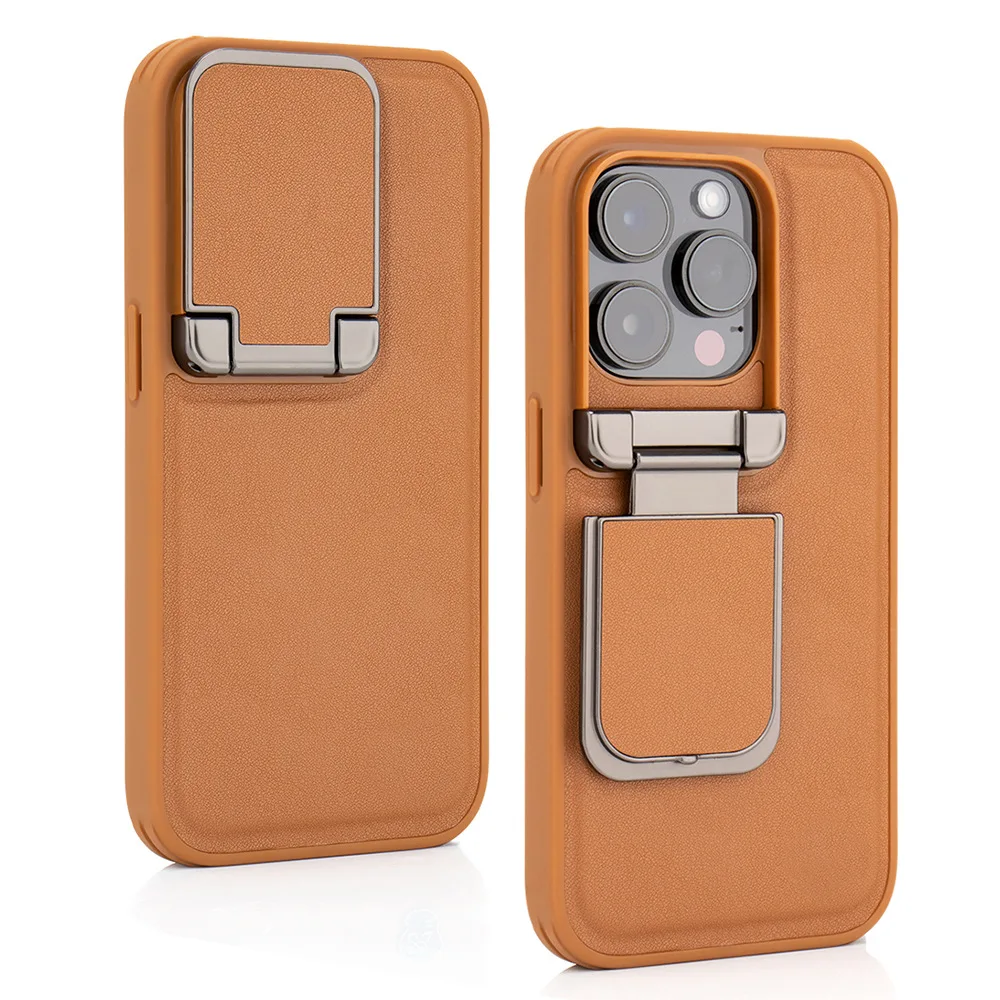 Leather Case for iPhone 15Pro Max/15 Pro/15 Plus/15, Camera Lens Protective Stand Holder Phone Cover Soft Anti-Scratch Microfibe