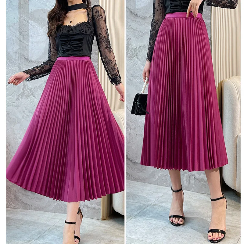 Purple/Black Pleated Midi Skirt for Women 2022 New Spring Summer Elegant Fashion Long Skirt Female Office Ladies All-match Skirt