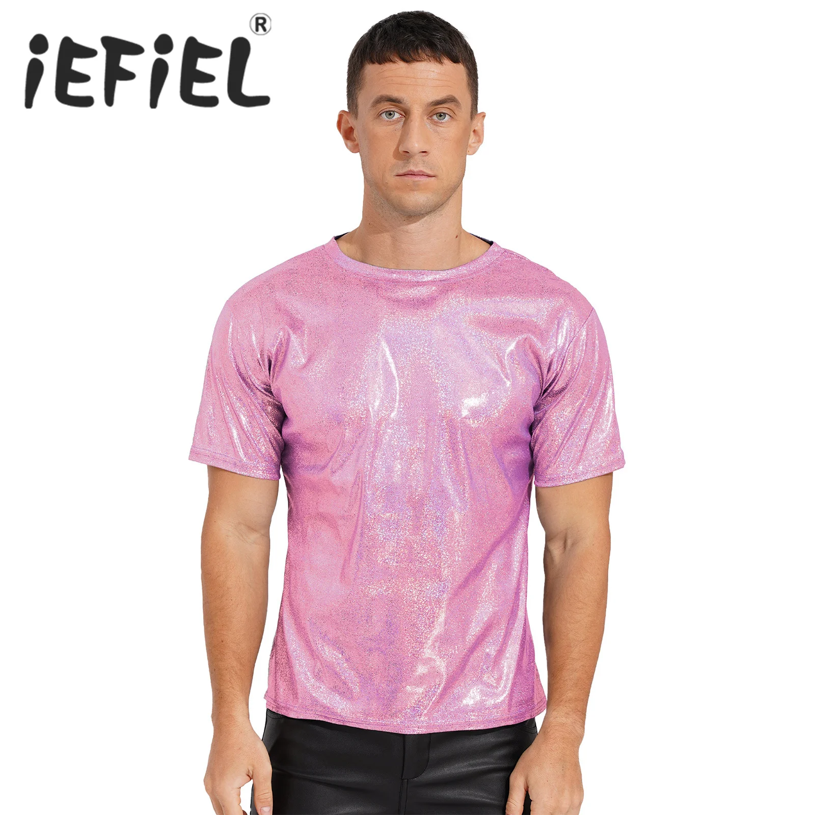 Tops brillantes holográficos para hombre, camisa de manga corta metálica con purpurina, blusa brillante para fiesta, discoteca, ropa de club, Festival y baile