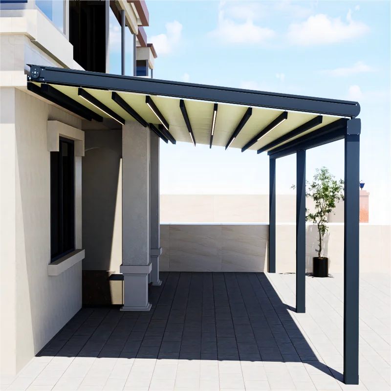 3m x 3m sarung kain PVC Pergola luar ruangan Gazebo atap lipat listrik untuk toko Pergola yang dapat ditarik