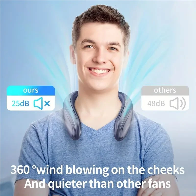 مروحة رقبة محمولة قابلة لإعادة الشحن عبر USB مع 360 درجة °   تبريد كامل الجسم، بطارية 5200 مللي أمبير في الساعة، تدفق هواء قابل للتعديل، تصميم مدمج - مثالي لـ