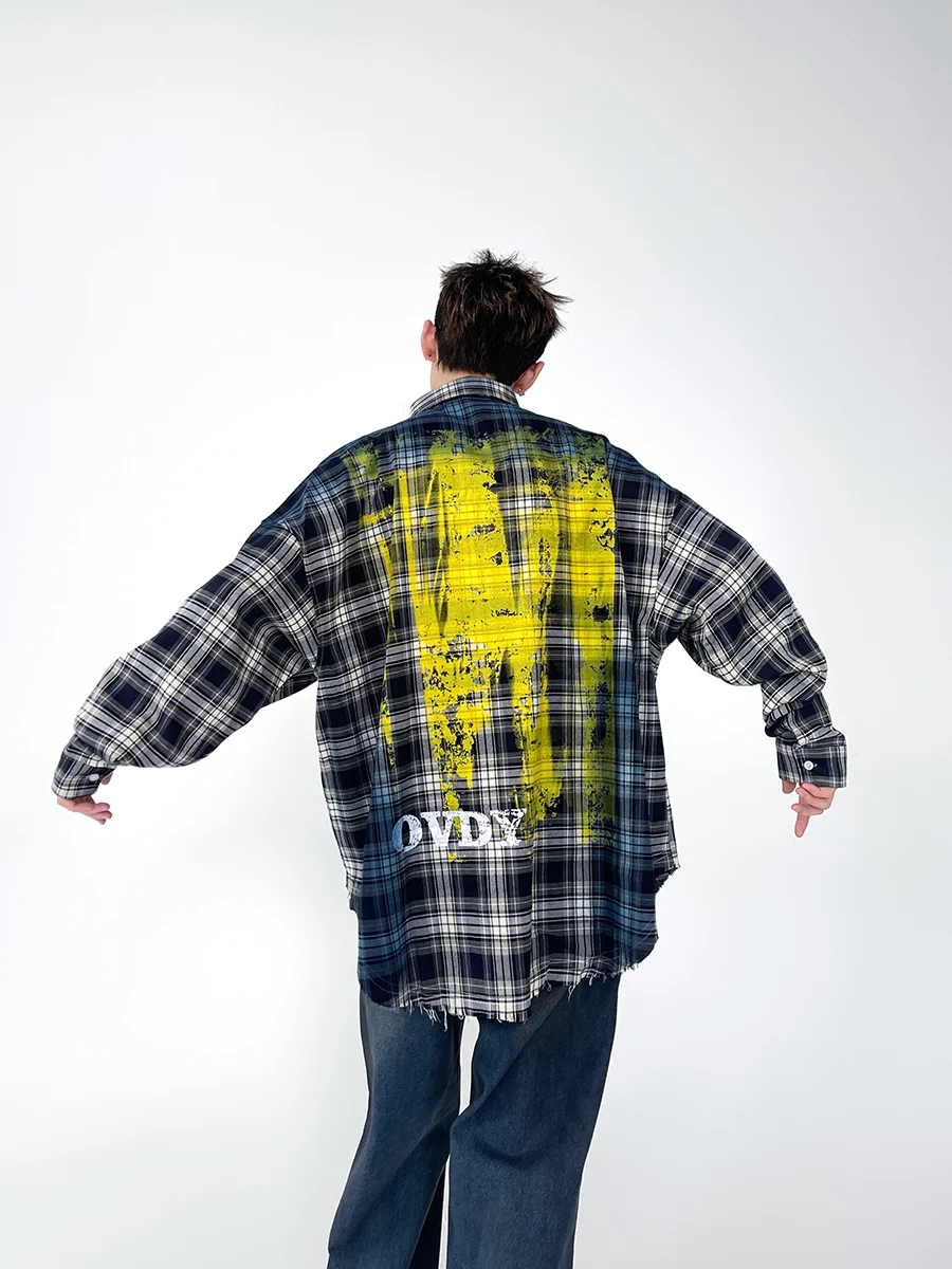 2025 Spring and Autumn New American Style Men's Retro Paint Splatter Print Black and White Plaid Long Sleeve Shirt