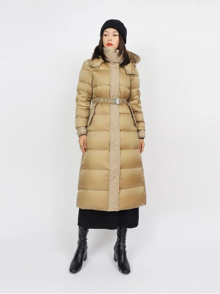 High-end Women Mid-Length Down Jacket Over-the-knee Puffer Jacket Thicken Cinched Waist Slim-Fit  Detachable Hood 90% Down Fill