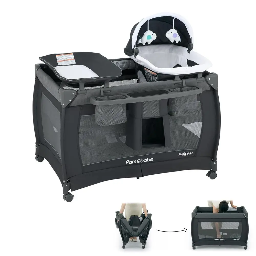 Draagbare 4-in-1 Playard met stalen frame, commode, vergrendelbare wielen en ademend gaas voor de veilige slaap van baby's