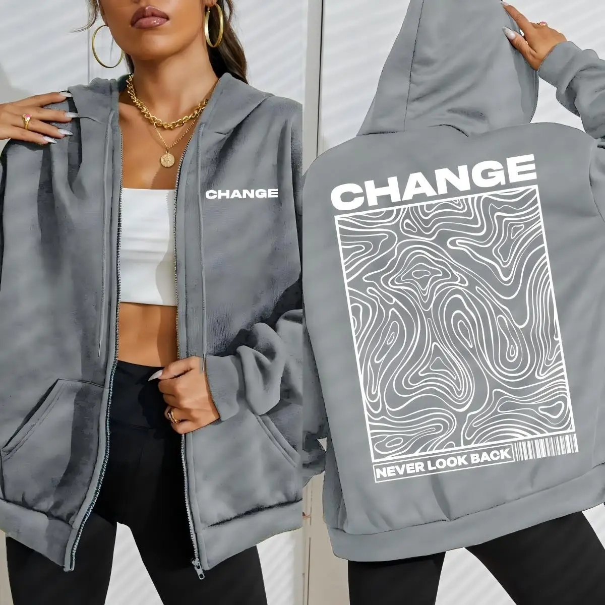 

Изменение Never Look Back Street Графический принт Женская толстовка на молнии Осенняя толстовка Свободные повседневные толстовки Флисовая универсальная женская одежда