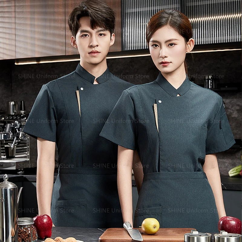 Uniforme de Chef à manches courtes pour hommes, veste de Chef en maille respirante avec tablier, manteau de Chef de cuisine de Restaurant, vêtements de travail noirs pour femmes, logo