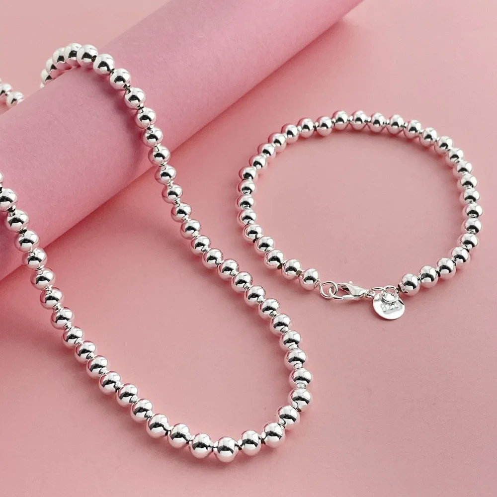 925 Sterling Silber Schmuckset 6 MM buddhistische Perlen Halskette Armband Set Damenmode einfache Geburtstag Hochzeit Schmuck Geschenk – Detail 6