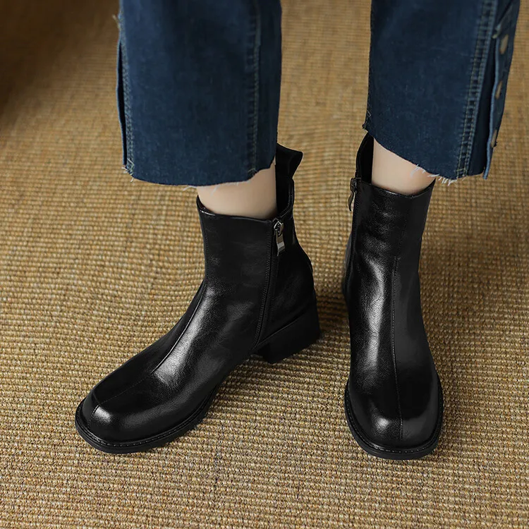 NEW Autumn Women Boots Split Leather Shoes for Women Round Toe Chunky Heel Shoes Zipper Chelsea Boots Casual Black Ankle Boots