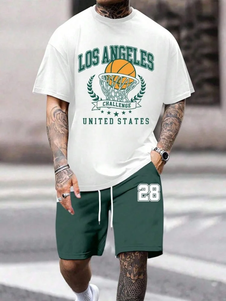 2-piece Set Street Fashion Men's Basketball T-shirt Outdoor Sports Men's Shorts New York Letter Print Men's Short Sleeve Shorts