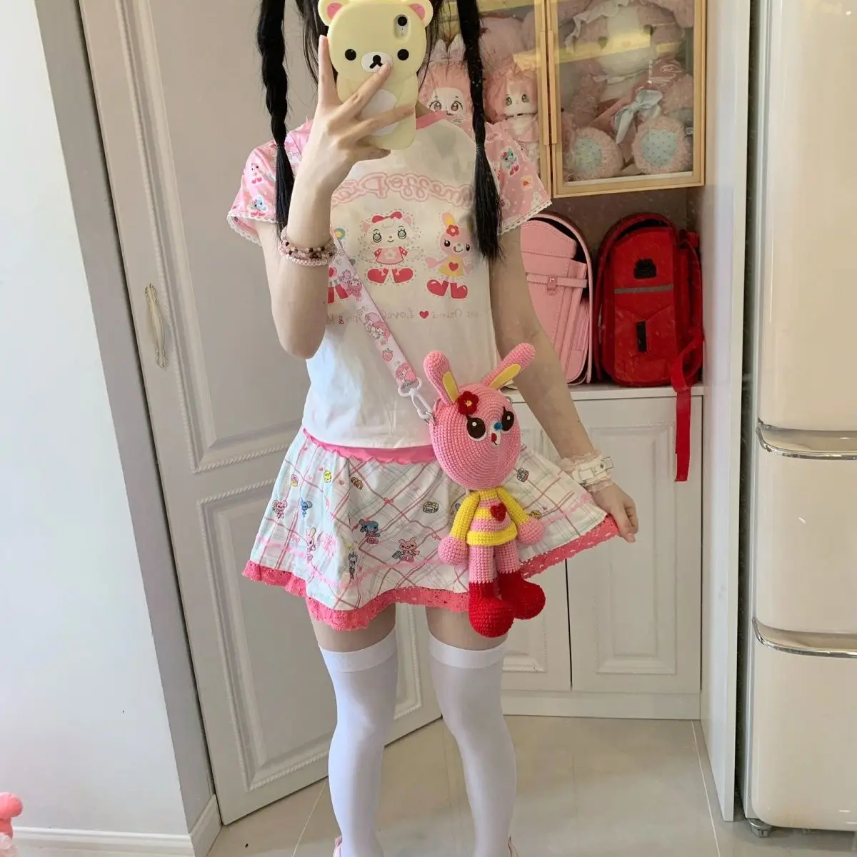 

Japanese Cartoon Mp Cute Daughter Clothing Two Piece Sets Womens Outifits Pink All Match Sweet Short Sleeve T-shirt Skirt Sets