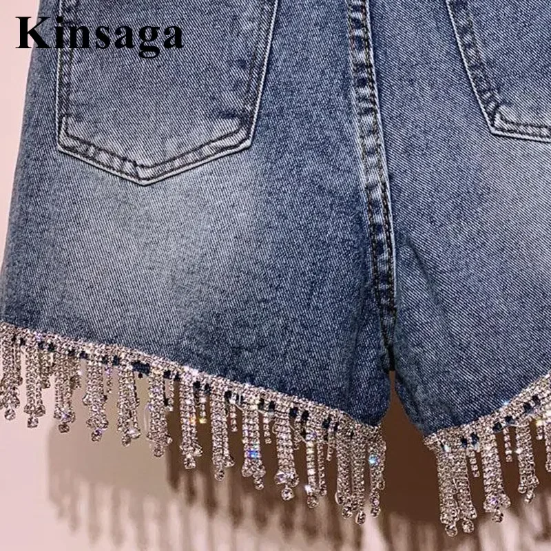 Boutique Rhinestone Purl Jean Shorts Women Street Patchwork Studded Diamond Demin Hot Shorts High Waist Wide Leg Tassels Bermuda