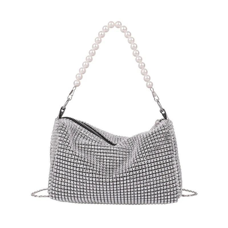 French Girl Evening Bag Fashion Ladies Shoulder Crossbody Bag Women\'s Crushed Diamonds Chain Women\'s Bag Pearl Shoulder Strap