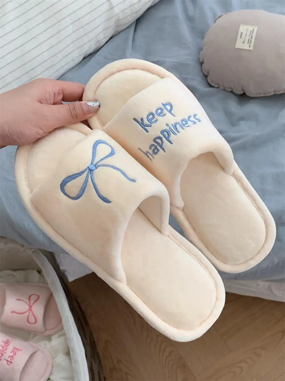 

Корейские женские домашние тапочки-слиперы с узлом, хлопковые, нескользящие, для осени и зимы