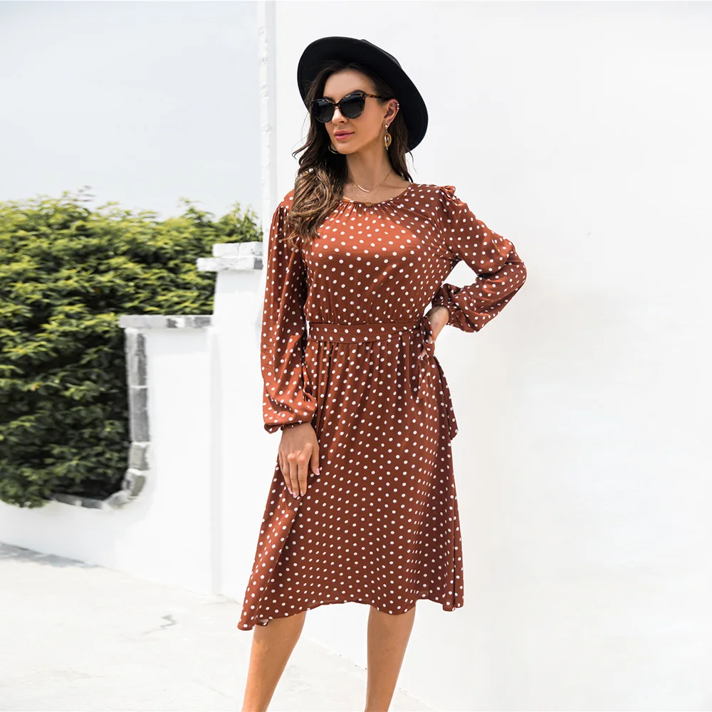 

Women Polka Dot Long Sleeve Dress Summer Backless Sashes Slim Casual High Waist Elegant Knee Length Dresses Holiday