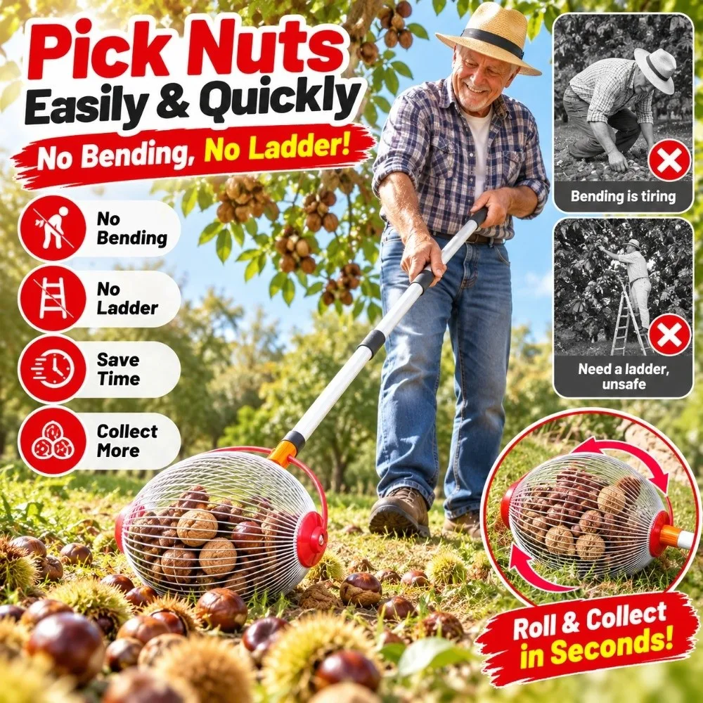 Telescopic Rod Rolling Nut Gatherer Wire Cage Lightweight Walnut Picker Collector Garden Tool No More Bending