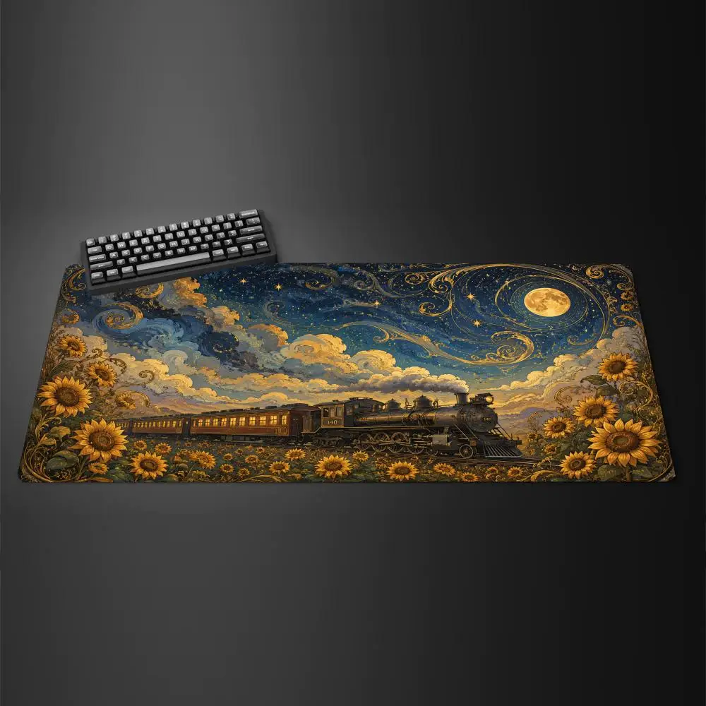 Steam Train Sunflower Field Swirl Galaxy Starry Night Landscape Extra Large Non-Slip Extended Gaming Mouse Pad