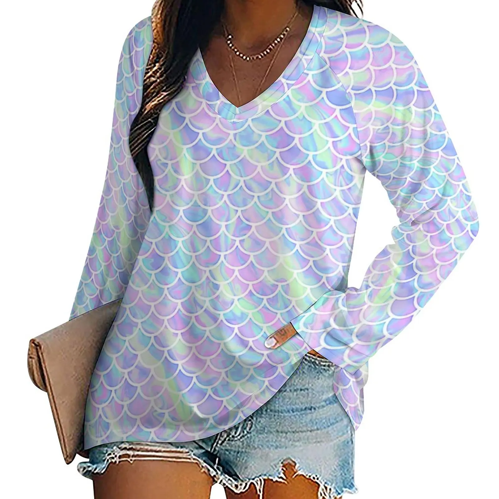 

Mermaid Scales Print T-Shirts Marbled Rainbow Modern T Shirt Female Long Sleeve Korean Fashion Tops Oversize V Neck Fashion Tees