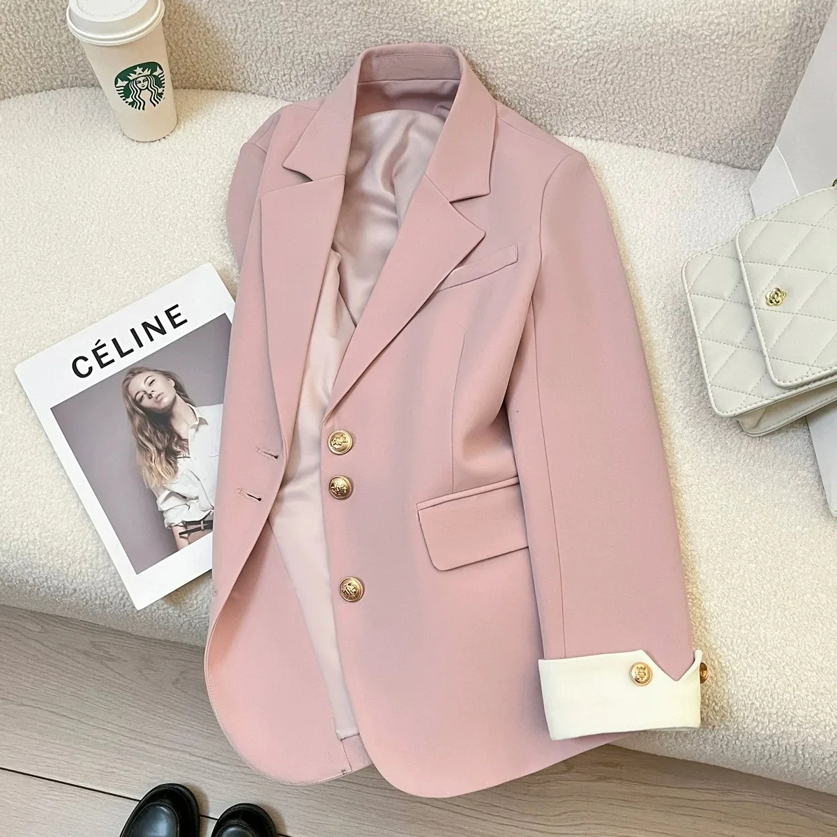 Cream Color Women's Suit Jacket 2026 Spring New Korean Design Sensation Fashionable Commute -Western Style Polyester Fiber