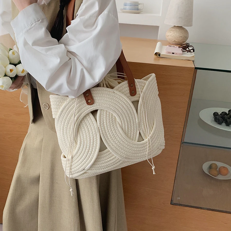 Summer Solid Youth Tote Bag for Women Large Capacity Woven Beach Shoulder Bags Geometric Travel Work Casual Handbag Drawstring S