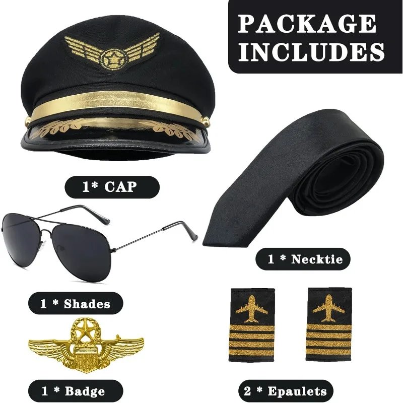 Ensemble d'accessoires de Costume de pilote, Kit de Costume de capitaine de pilote de compagnie aérienne avec lunettes de soleil d'aviateur, ensemble d'accessoires de déguisement