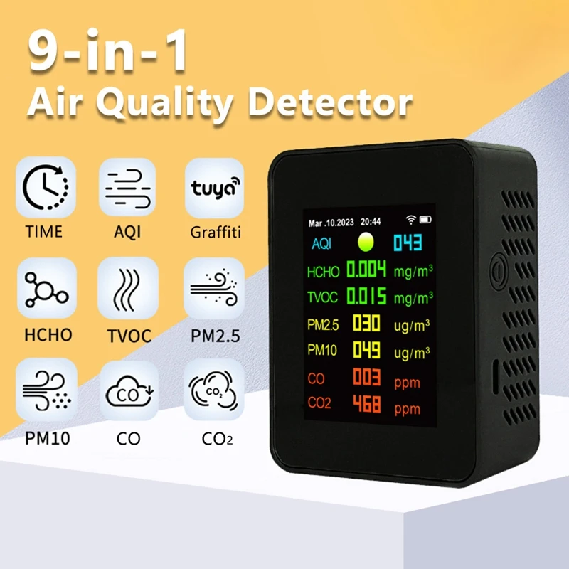 9 In 1 Digital Temperature Humidity Tester PM2.5 PM10 HCHO TVOC CO CO2 Meter Wifi LCD