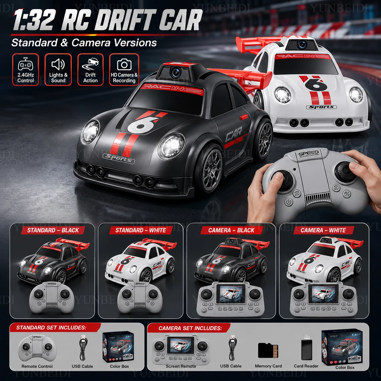 Drift Sensing Remote Control Car 1:32 C6 with Lights HD Camera Demo Follow Escape Mode High Speed 2.4GHz RC Racing Children Toys