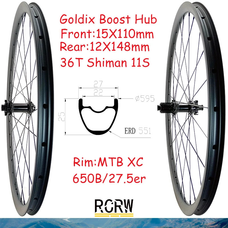 

650B/27.5er MTB XC 27X25mm Wheelset Carbon Rim 28 Hole 27 Wide 25 Deep Goldix Boost M350 36T Shiman 11V Hub XD MS 12S 12V Wing20