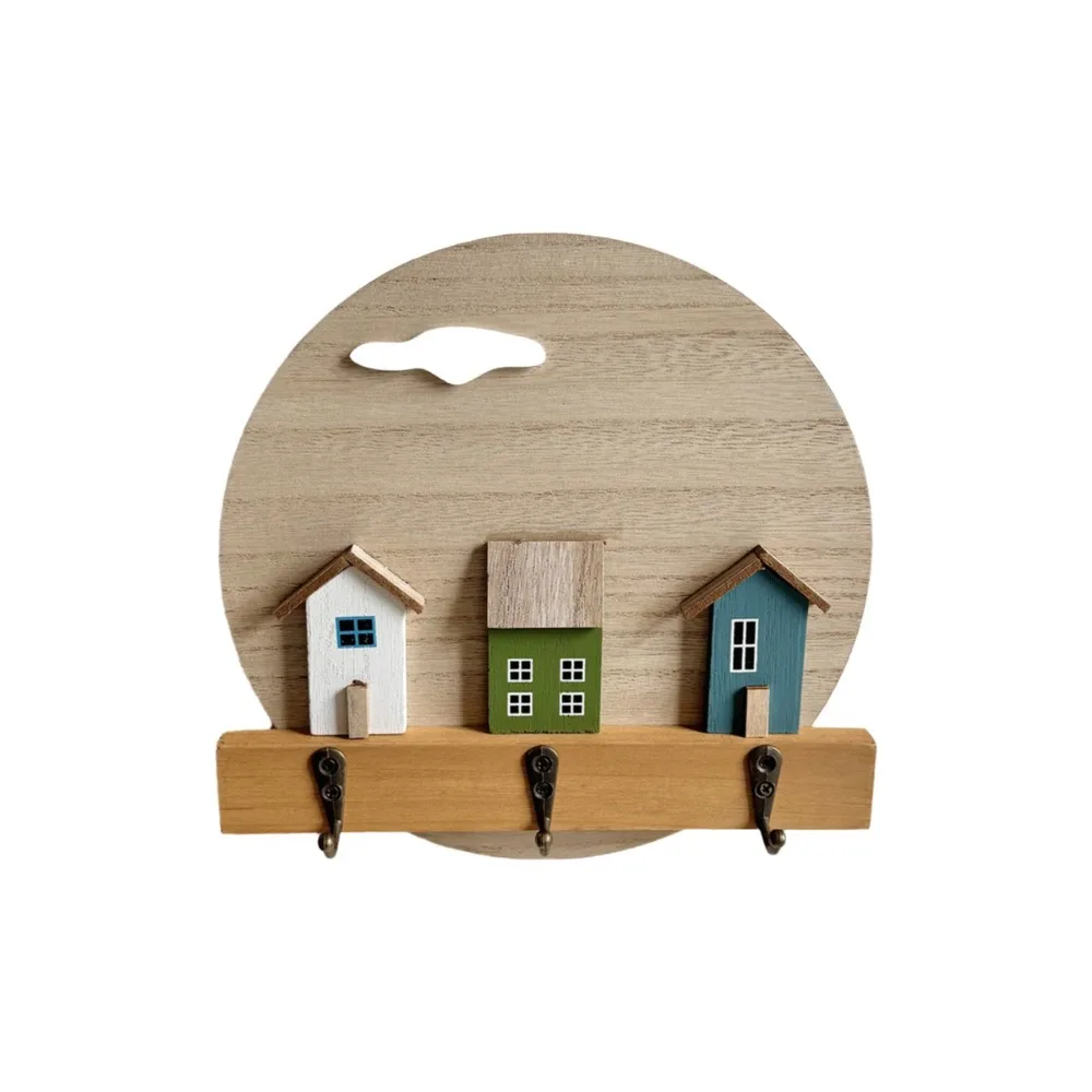 Round Shape Wooden Wall Hook Nordic Style 3D House Wall Hanging Storage Holder Multi Hook No Punching Entrance Key Rack