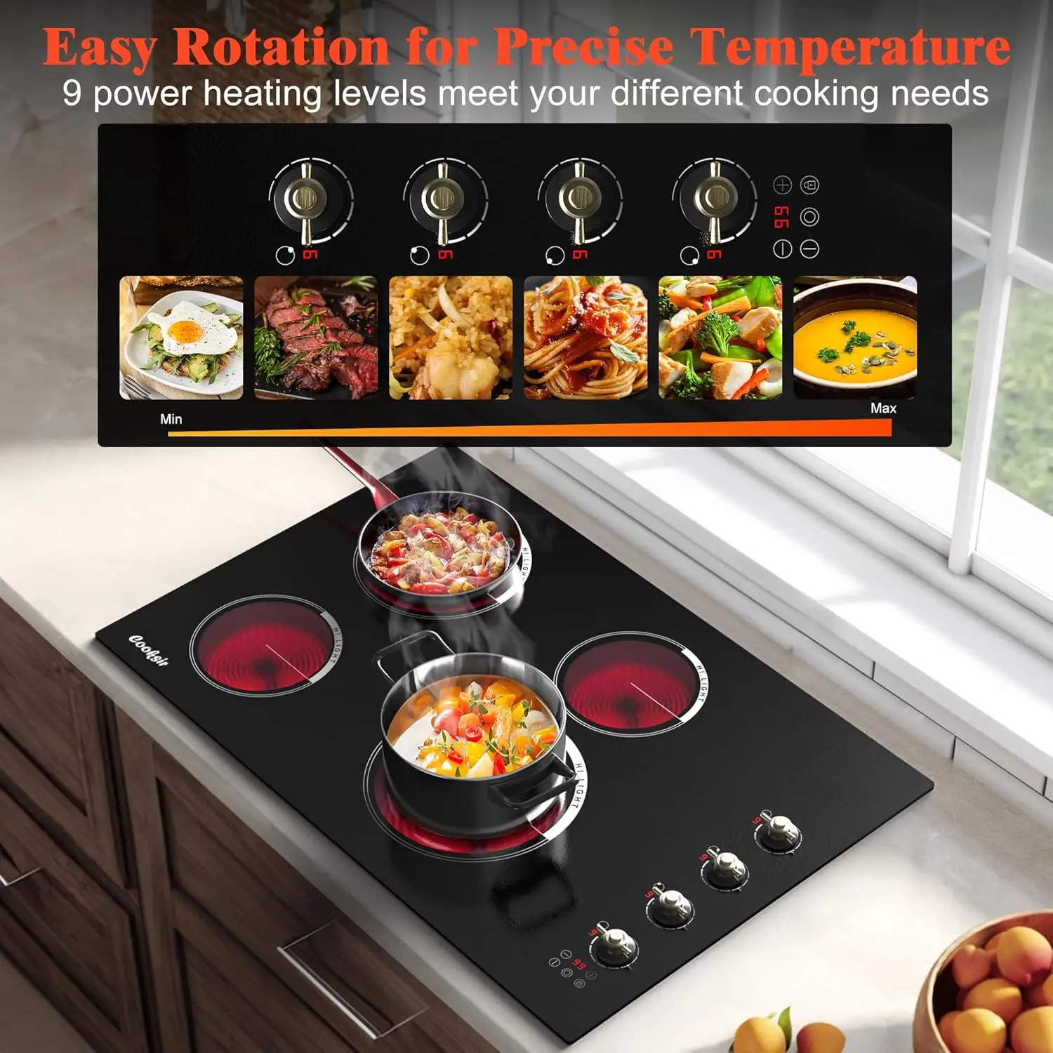 Cooktop - 4 Burner Built-in Glass Ceramic Stove Top 6700W, 240V Electric Cooktop Touch and Knob Control, Child Lock, Dual Ring,