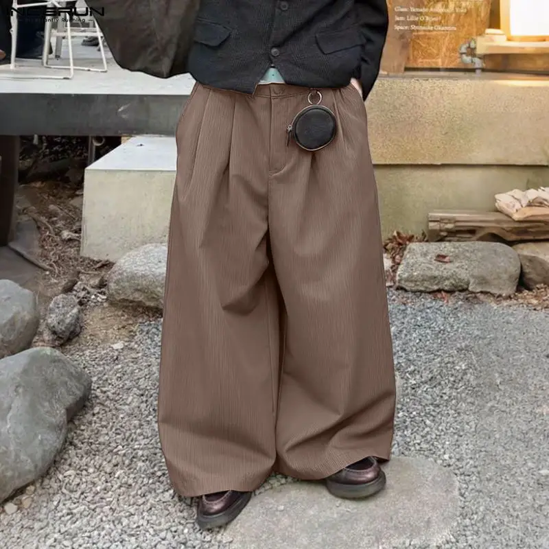 INCERUN Men Pants Solid Color Button Joggers Pleated Casual Wide Leg Trousers Men Streetwear Loose 2025 Fashion Male Long Pants