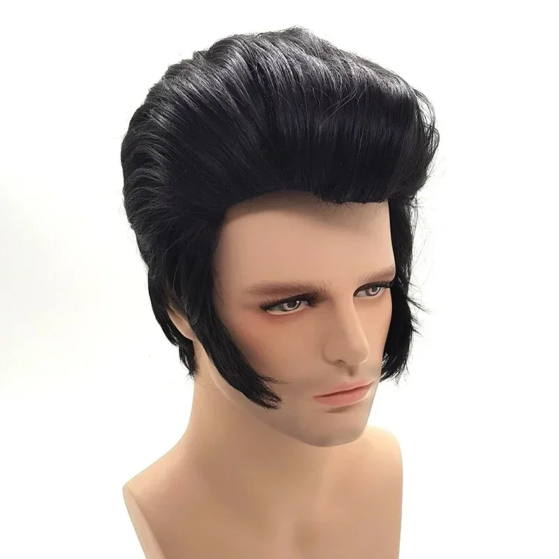 Elvis Presley Perücke für Herren – schwarze, hitzebeständige Kunsthaar-Perücke für Rock-Sänger-Kostümpartys mit gratis Kappe (schwarz) – Detail 6
